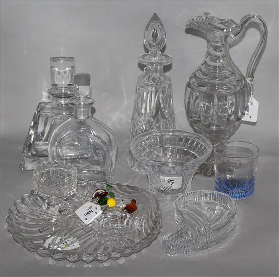 A Baccarat cut crystal bowl, 6 glass cocktail sticks, an Orrefors decanter, two other decanters, a claret jug (a.f) and 5 other items